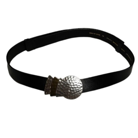 Chicos Black Leather Adjustable Belt w/ Geometric Silvertone Metal Buckle - Picture 1 of 11